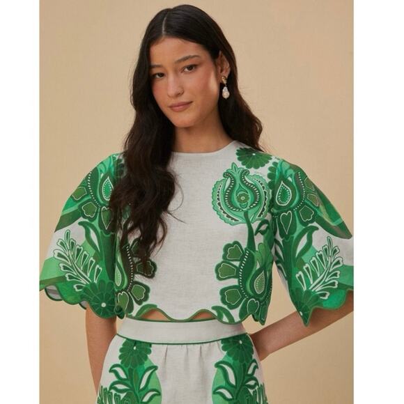 Farm Rio Festival Blouse Linen Crop Top Scalloped Hem Green Women's Medium